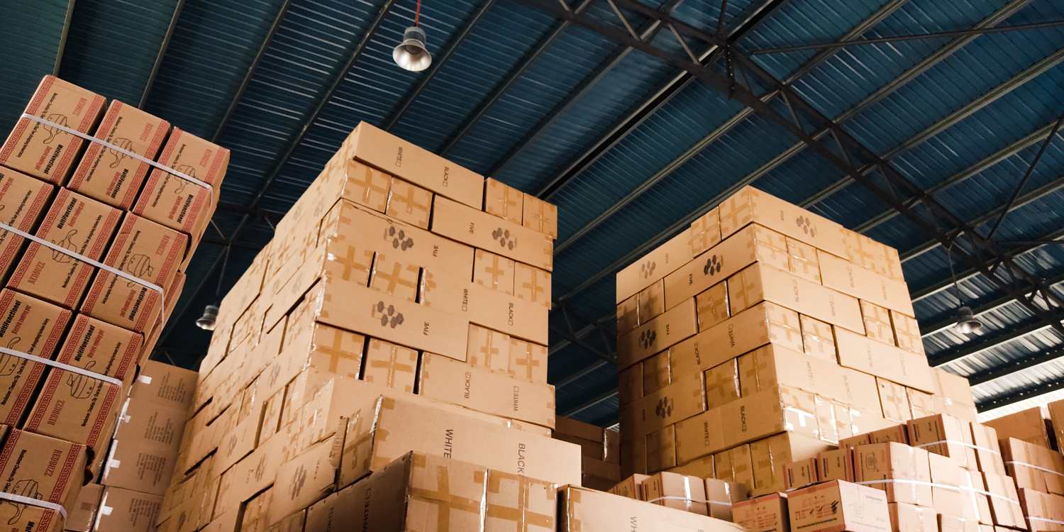 Modern warehouse interior with high shelving