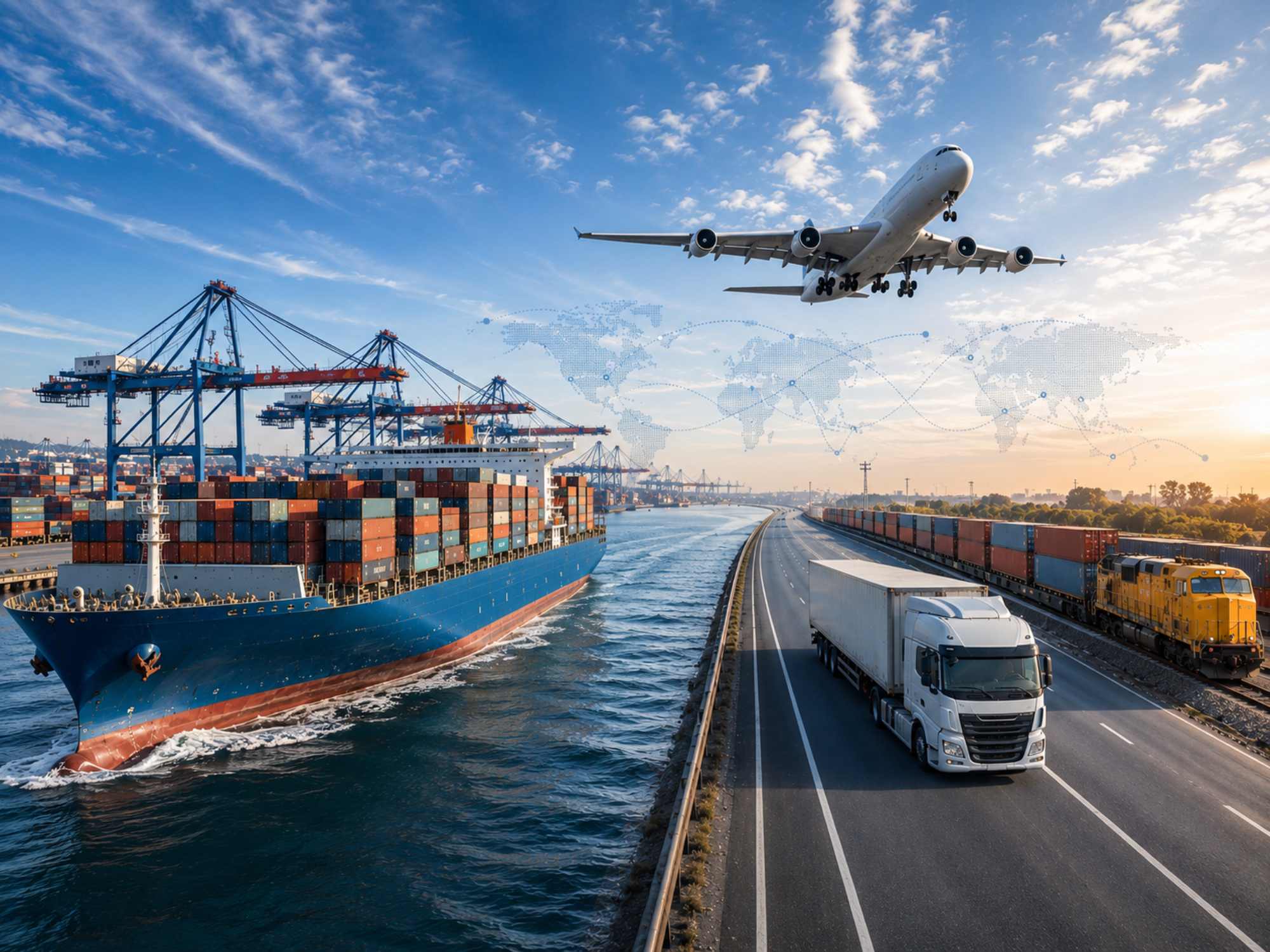 Cargo ship, airplane, and logistics network representing global freight